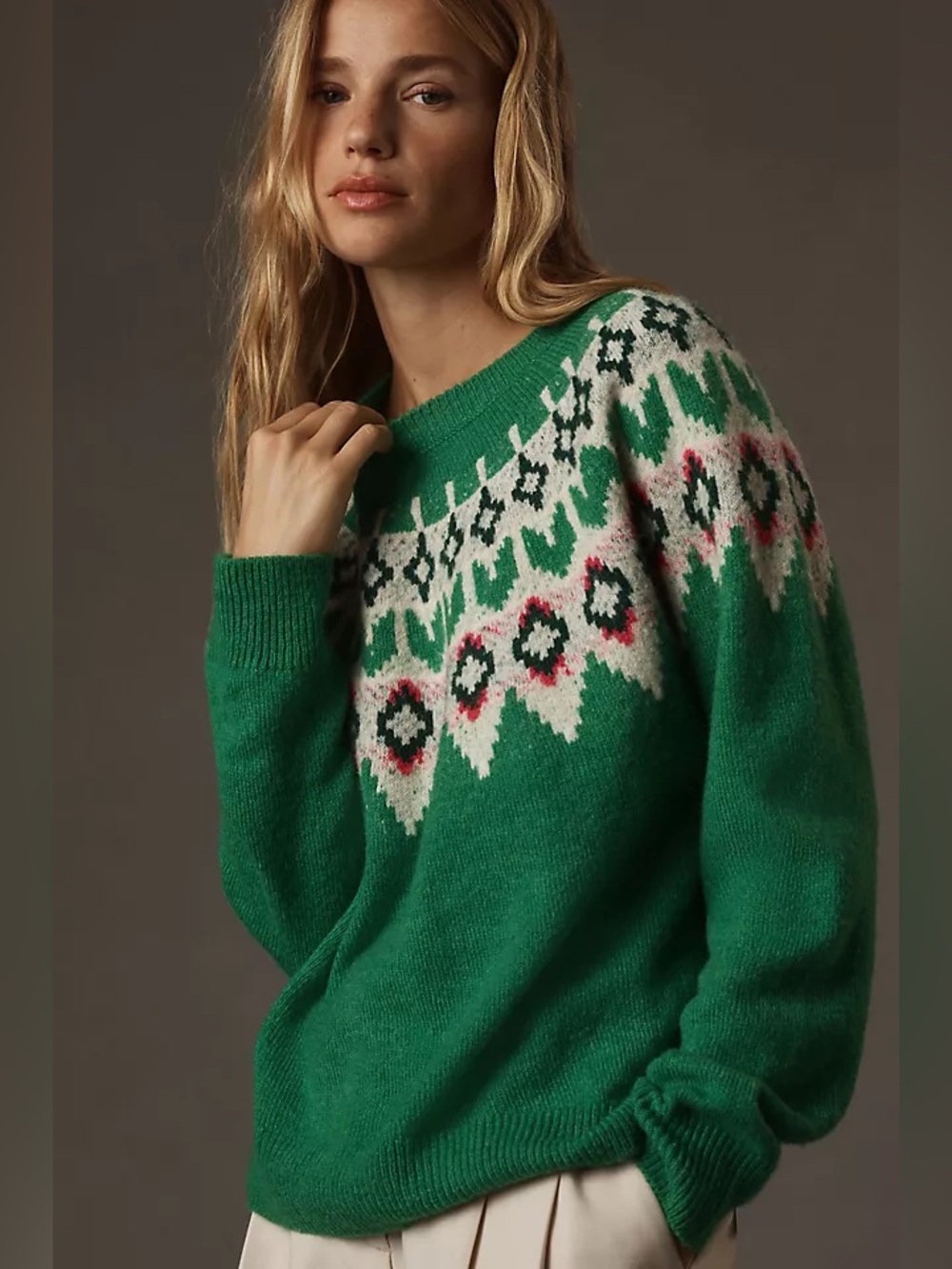 Anthropologie sundry Green Fair Isle Knit Sweater with Pink & Black Accents